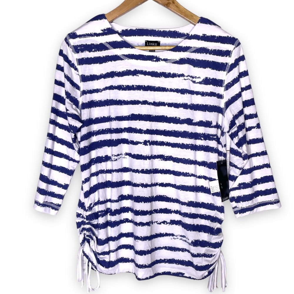 Links Striped Tie Dye Side Ruched Ties 3/4 Sleeve Top